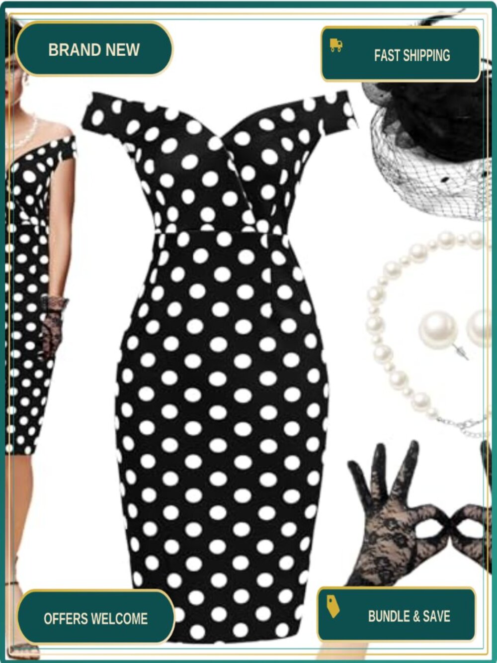 1950s Polka Dot Pencil Dress Costume Set with Veiled Headpiece & Gloves